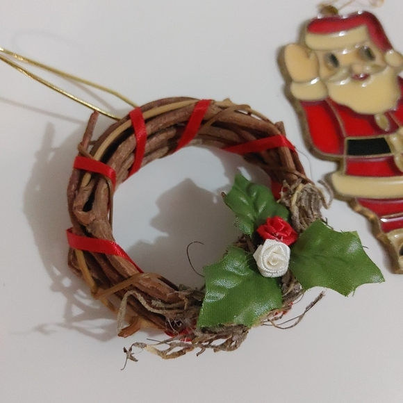 Vintage Christmas ornaments; wood wreath & stain glass santa - Picture 2 of 5